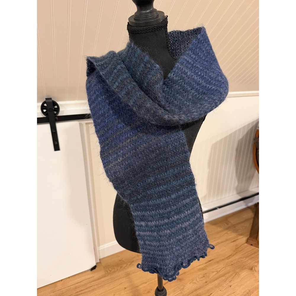 Cappellificio Fiorentino Mohair Wool Scarf Made in Italy Blue Striped Fuzzy
